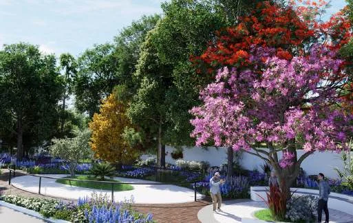 Flowering trees and shaded seating around the community gardens