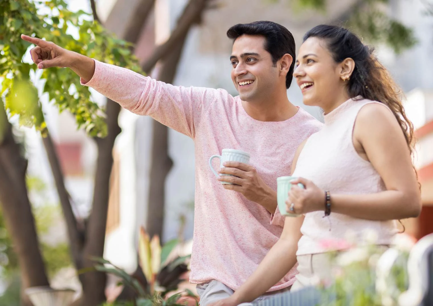 A couple spending an unhurried morning together in a garden