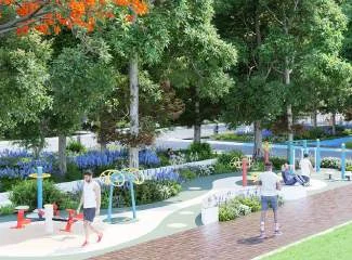 Outdoor fitness equipment along a planted walking path