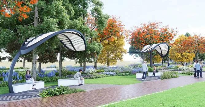Shaded garden pavilions along a landscaped pathway