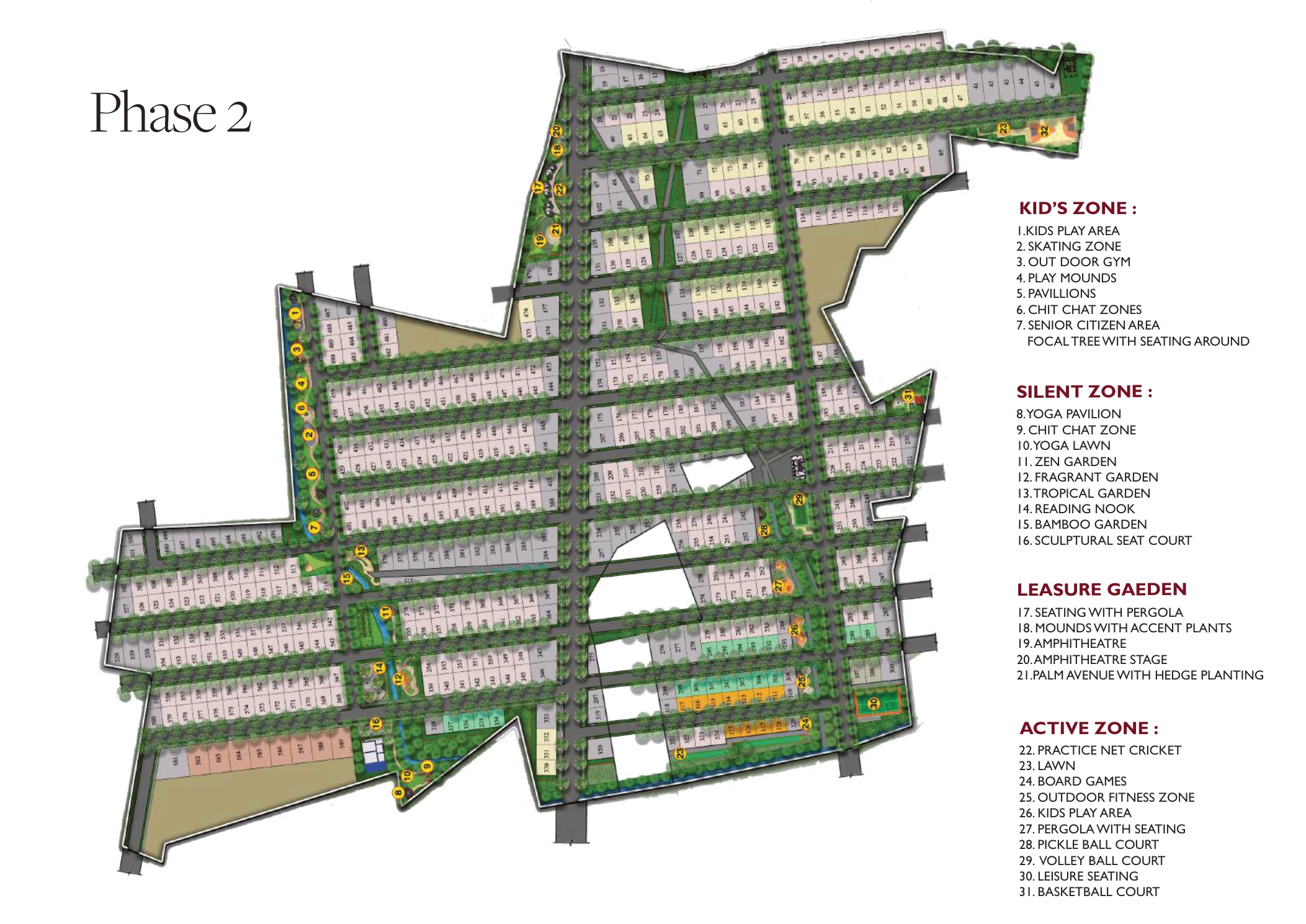 Phase 2 complete master plan with all plotted parcels and the amenity legend