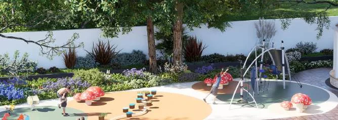 Landscaped play areas with slides, swings and climbing features